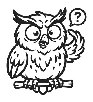 Funny owl vector illustration in black and white with question mark