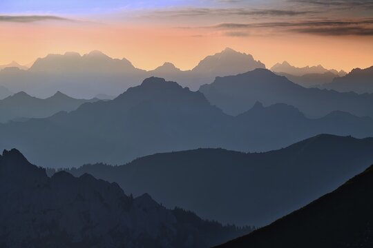 Fribourg Prealps and Bernese Alps at dawn, thunderstorm atmosphere, Cantons of Fribourg and Bern, Switzerland