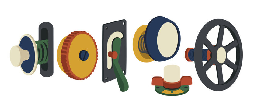 Industrial control knobs and mechanical buttons set for machine interface panels, featuring vintage gear levers, circular valves, and toggle switches in a flat 3D isometric style for technical hardwar