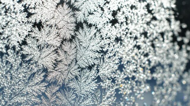 Macro Frost Patterns on Glass Window, Natural Snowflake Crystals, Winter Ice Formation