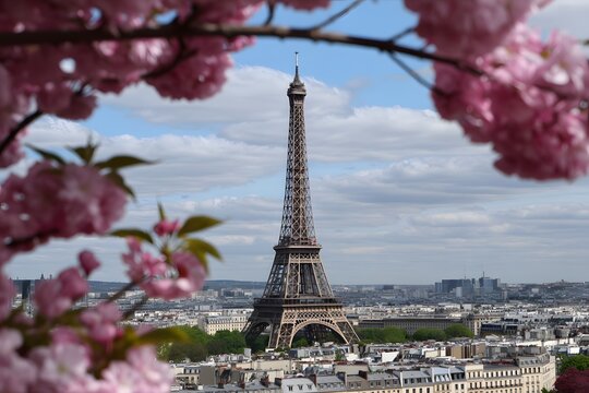 Eiffel tower framed by pink blossoms in paris
