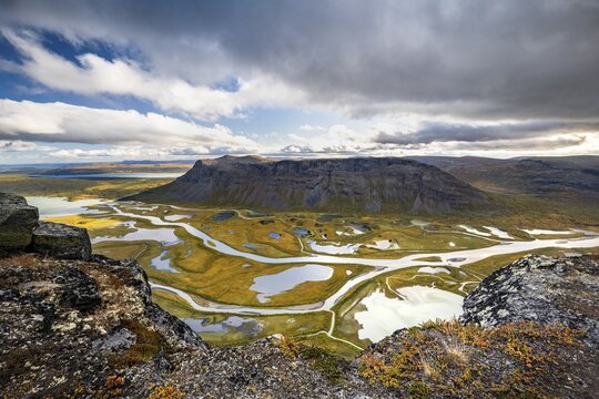 View from Skierffe mountain over the Rapadalen river delta, Rapa&auml;lv river, Sarek National Park, Laponia, Lapland, Sweden