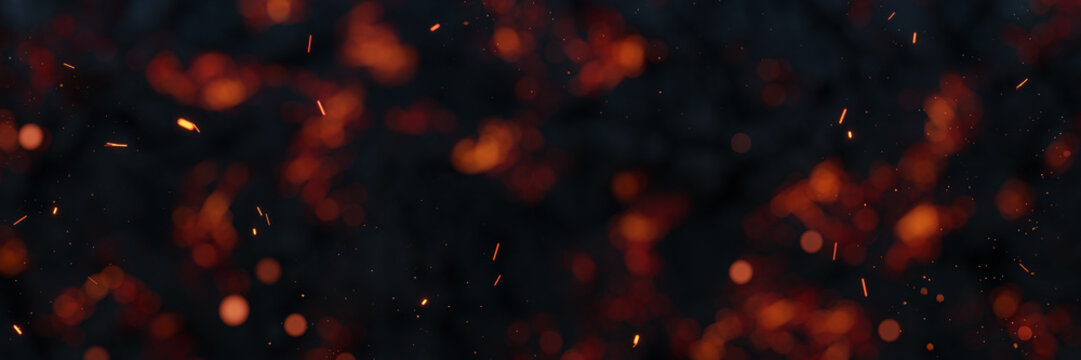 3D Rendering of defocused lava melting texture with magma bokeh lights and flying sparks
