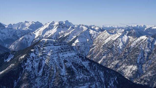 Mountains in winter with snow, Karwendel Mountains, Alps in good weather, Bavaria, Germany