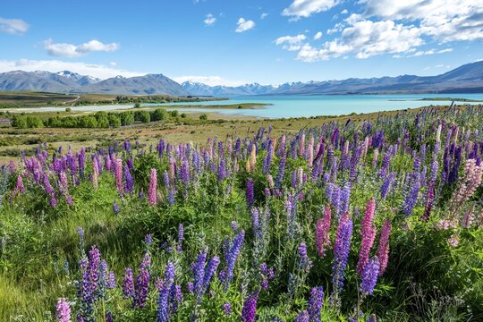 Purple large-leaved lupins (Lupinus polyphyllus), Lake Tekapo in front of Southern Alps, Canterbury, South Island, New Zealand