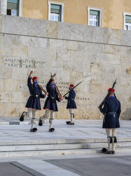 Detachment of the Presidential Guard Evzones in front of the Monument to the Unknown Soldier near the Greek Parliament, Syntagma Square, Athens, Greece