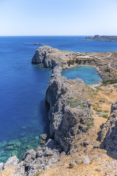 View over turquoise sea, coast of Rhodes, Dodecanese, Greece