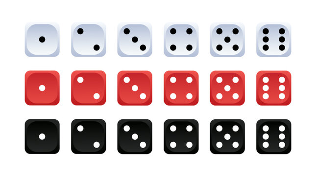 3D Dice Icon Collection. White, Red and Black Game Dice Set Showing All Faces from One to Six on Clean Background.