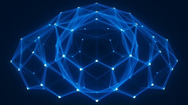 Futuristic digital brain network animation, glowing blue polygonal neural connections, AI technology background for data science