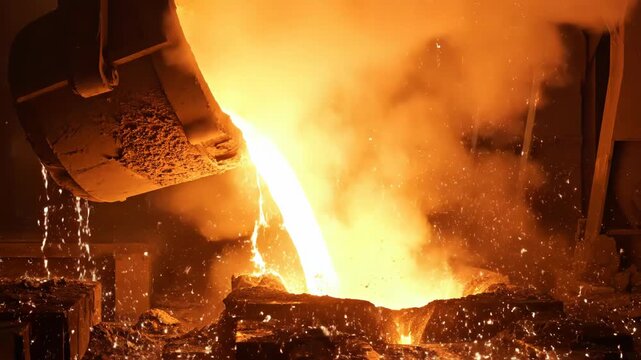 Molten steel pouring from an industrial ladle into a casting mold in a metallurgical plant, showing bright orange liquid metal with flying sparks and intense heat during production.