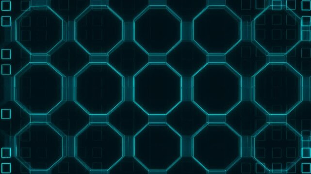 Futuristic blue hexagon grid background animation, glowing digital HUD pattern, tech interface motion graphic loop
