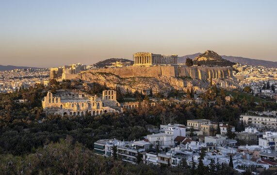 Parthenon Temple, ancient tourist landmark on the Acropolis of Athens, dusk, Athens, Greece