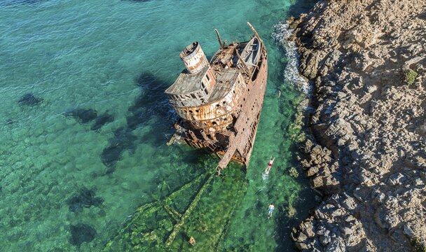 Aerial view, snorkellers at the shipwreck Olympia, Amorgos, Cyclades Island, Aegean Sea, Greece