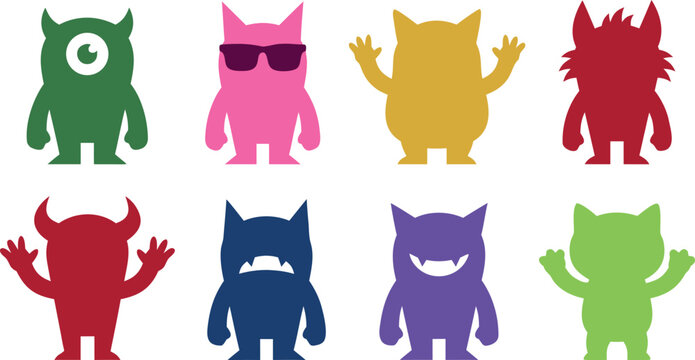 Cute monster silhouette icon set with funny colorful alien characters flat design vector illustration