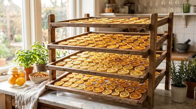 Wooden dehydrator rack filled with dried orange slices ai generated