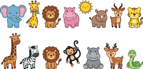 Fototapeta premium Cute safari jungle wild animals collection set isolated on white background flat vector illustration