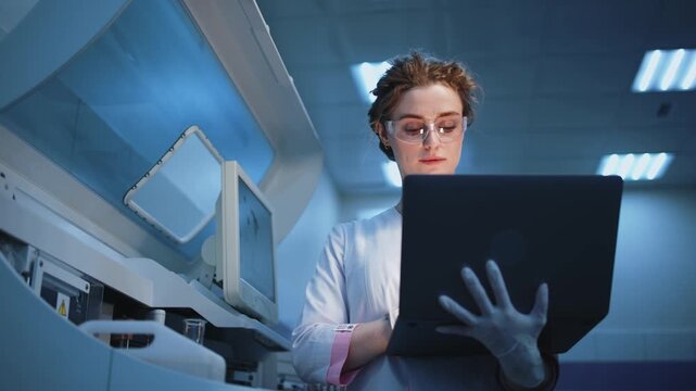 Laboratory professional using laptop for calibration and control of diagnostic instruments. Concept biomedical engineering, lab systems and virology including coronavirus and hantavirus research.
