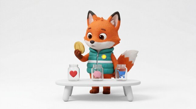 3D clay fox character with three glass jars for saving, spending and giving education.