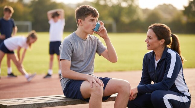 teenage athlete with asthma resting after exercise, Asthma teen athlete, Exercise induced symptoms, Inhaler support outdoors, School sports healthcare, Active lifestyle awareness