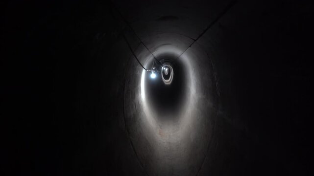 Cinematic POV tracking shot moving through a dark, creepy underground concrete tunnel illuminated by bare hanging lightbulbs. Perfect atmospheric B-roll for horror, thriller, and true crime projects.