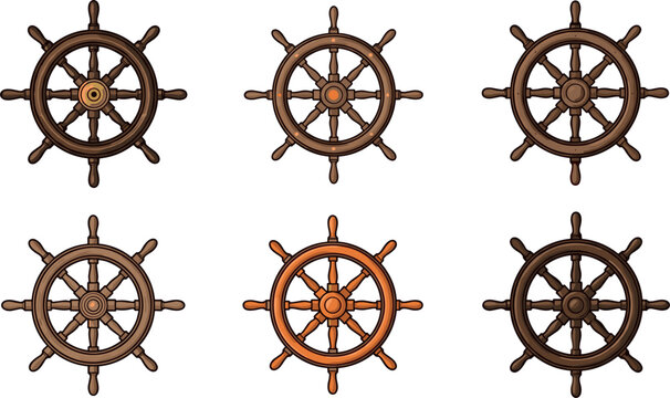 Detailed wooden sailboat steering wheel icons pack for sea travel navigation and captain concept