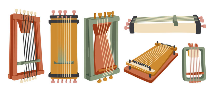 Ancient Stringed Musical Instruments Set, Folk Harp and Lyre Collection in Minimalist Flat Vector Illustration for Traditional World Music Design, Handcrafted Wooden Frame and Acoustic String Detail
