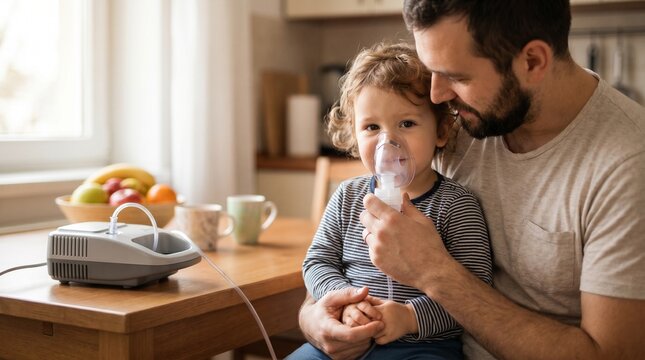 toddler with asthma using nebulizer mask with father support, Asthma toddler nebulizer care, Father child breathing support, Pediatric respiratory treatment, Home healthcare 
