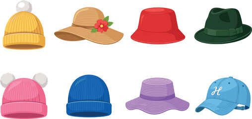 Diverse collection of winter beanies summer straw hats and baseball caps for apparel design © MdMojnu