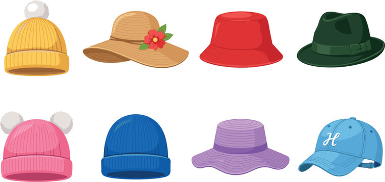 Diverse collection of winter beanies summer straw hats and baseball caps for apparel design