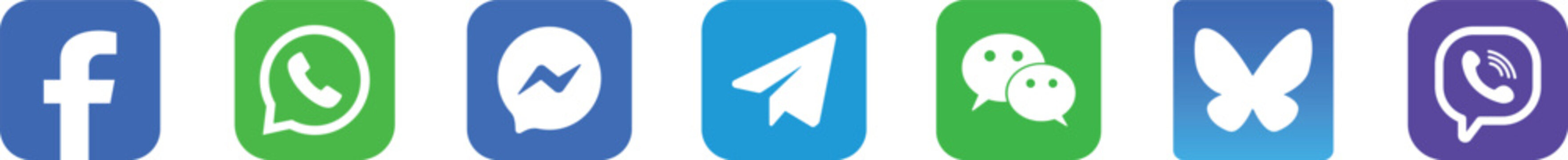 Popular messaging apps logos set featuring WhatsApp, Messenger, Telegram, WeChat and Social media chat & communication icons.