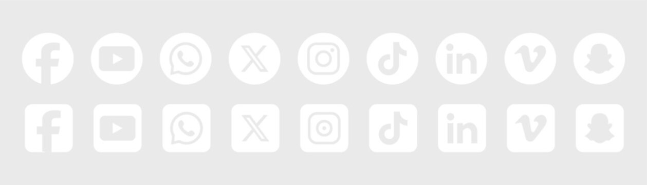 Social media logos in white circles and squares, popular social media icons collection, vector button set 2026
