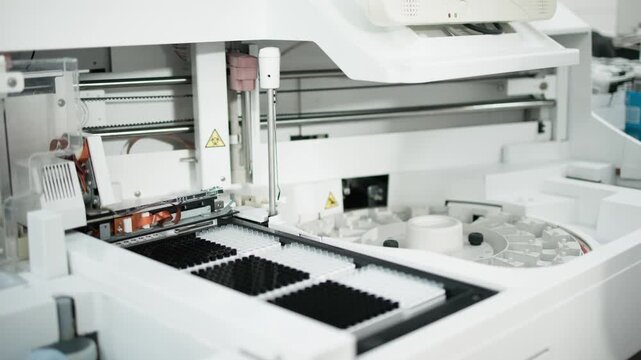 Close-up view of high-tech diagnostic analyzer in modern laboratory. Concept biomedical innovation, infectious disease testing and laboratory automation including COVID-19 coronavirus and hantavirus.
