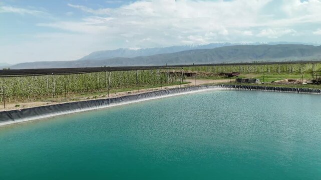 Aerial view of apple orchards with irrigation pond and storage hangars in Kazakhstan
