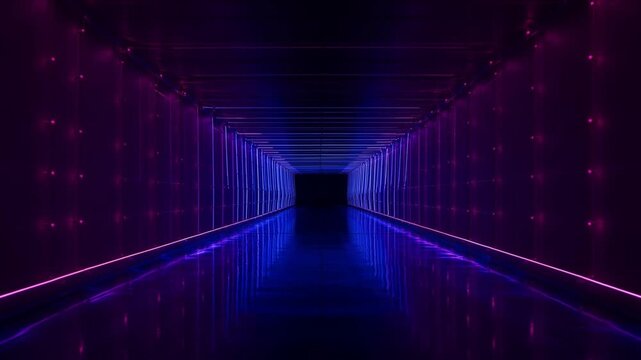 Futuristic neon corridor loop, purple blue glowing tunnel with reflective floor, cyberpunk sci-fi background for tech intro