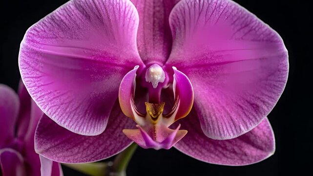 Closeup Macro Shot of a Vibrant Purple Orchid Flower Blooming.