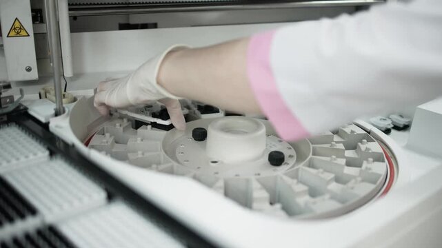 Female laboratory technician operating modern automated diagnostic analyzer in clinical lab. Concept biomedical diagnostics, laboratory automation and virology including coronavirus (COVID-19) and han