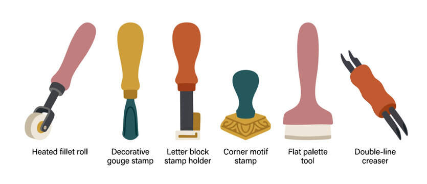 Bookbinding tools set for professional leather craft and gold foil stamping, featuring heated fillet rolls, gouges, letter blocks, corner motifs, flat palettes, and double-line creasers for book resto