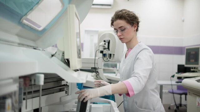 Laboratory technician in protective gloves operating diagnostic machine in clinical environment. Concept biomedical science, infectious disease diagnostics and virology including COVID-19 and hantavir