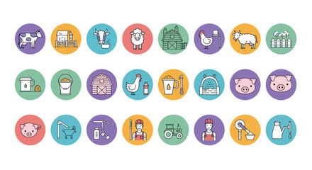 Farm Icons Set: Animals, Buildings, Tractor, Farmer, Milk, Eggs © gak
