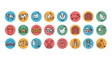 Farm Icons Set: Animals, Tractor, Barn, Farmer, Equipment © gak