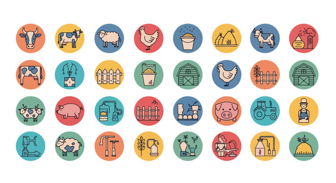Farm Icons Set: Animals, Buildings, Tractor, Farmer, Products