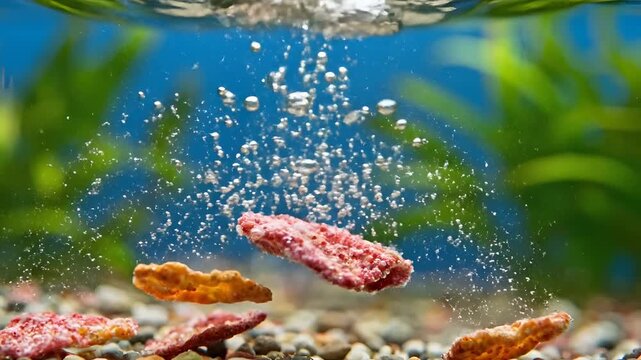 Closeup of fish food sinking in aquarium water with bubbles.