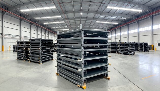 Industrial metal shelving units being assembled and bolted to concrete floors in a large warehouse facility