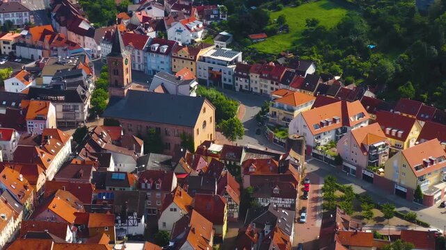 Aerial view of the city Eberbach in Germany on a sunny summer day
