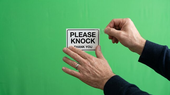 Hand holding white please knock sign against green background