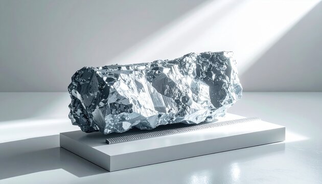 A massive block of osmium, the world's densest natural element, displayed on a clean pedestal showcasing its metallic luster