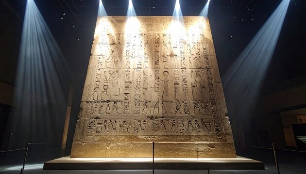 Massive ancient Egyptian stone tablet featuring monumental hieroglyphic inscription illuminated in a museum display