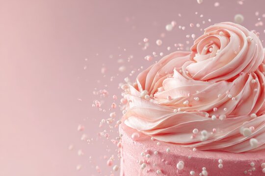 Abstract premium food background featuring handmade cake with soft floating frosting swirls and suga