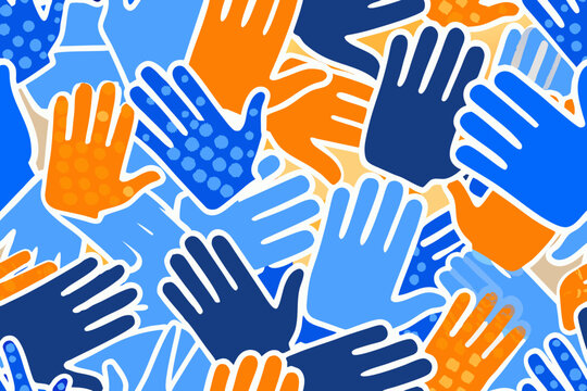 handprint pattern with textured halftone dots blue and orange