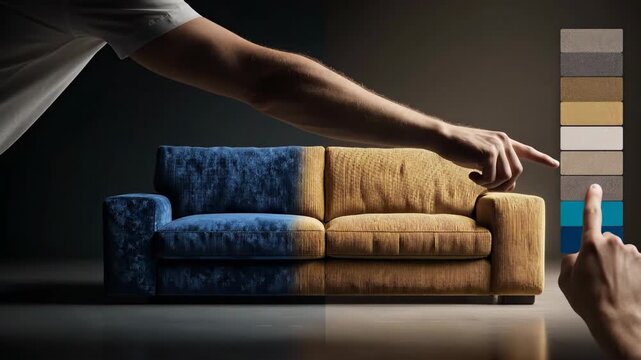 Man selecting sofa color using digital palette. Designer changing furniture fabric texture for interior project. 3d rendering model visualization for furniture design.